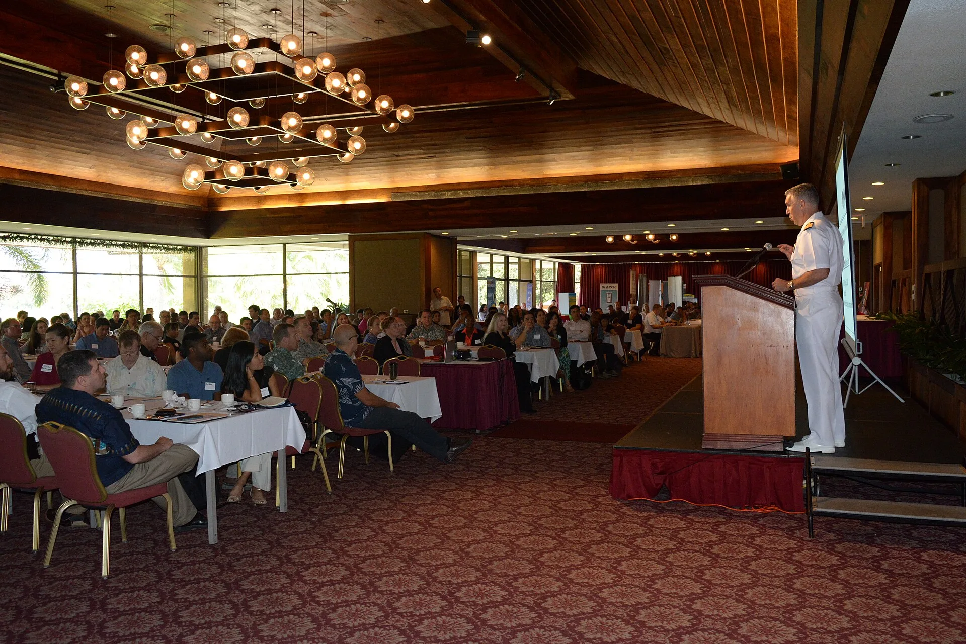 NAVFAC Hawaii Operations Officer Capt. Scott King presented a brief as this year's 2017 Hawaii Small Business Forum held June 6 at the Honolulu Country Club. As in years past, the Forum is a great opportunity for those interested in procurement opportunities with the government to meet with represen