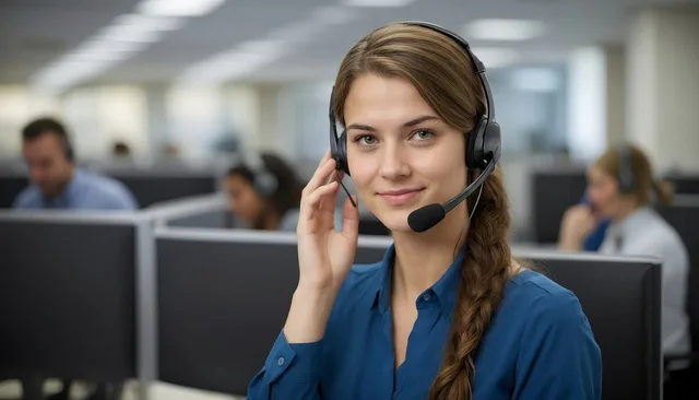 call center, headset, smile, office work, communication, customer support, professional, employee, work, woman, modern office, technology, phone assistance, microphone, young woman, multitasking, office environment, support, phone call, happy, workspace. What a customer success software operating workflow means for UK retention teams