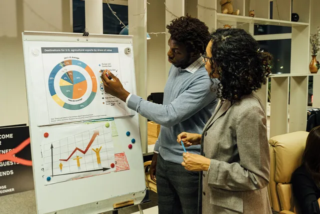 Colleagues discussing data on agricultural exports in a modern office. What to decide before building a customer success software planning template